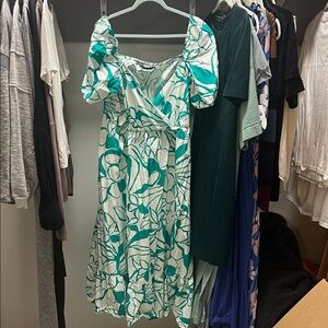 Zara Leafy off the shoulder Green and White Midi Dress